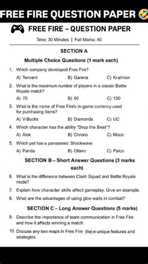 FREE FIRE DECEMBER EXAM QUESTIONS PAPER#trending