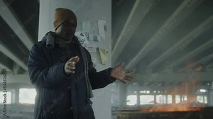Black homeless man standing in abandoned building and heating his hands by fire barrel