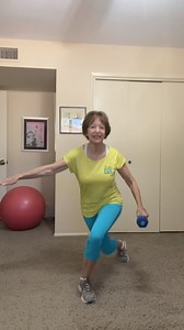 You can do the curtsy lunge with or without a weight. I’m using an 8 pound weight here. It challenges your balance, but it’s great to work your quads. Keeping your abs tight really helps with balance. A lot of the workouts include curtsy lunges. The modification is to stand behind a chair and to touch the chair for balance ￼ | Fit with Carol Stines