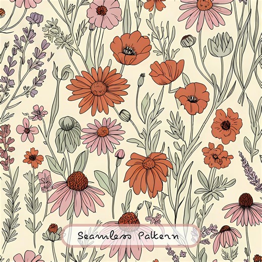Hand Drawn Wildflower Seamless Pattern, Vintage Botanical Floral Digital Paper, Rustic Meadow Flowers Design - Etsy