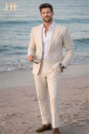 Capri Linen Summer Suit Beige Beach Wedding Outfit Men's Tailored Destination Groom Attire Classic Gentleman Formal Wear - Etsy