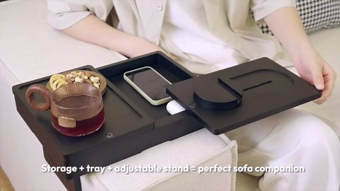 Wealone Black Couch Arm Tray with 2 Rotatable Tray, Adjustable Sofa Arm Clip Table with Storage Box & 360° Phone Holder, Bamboo Couch Armrest Table for Snacks, Drinks or Dining