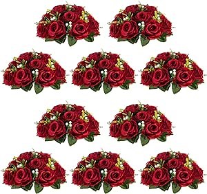 NUPTIO Flower Wedding Centrepieces for Tables - 10 Pcs 9.5in Diameter Crimson Artificial Flowers Rose Ball for Centerpieces Table - Fake Rose Arrangements for Weddings Birthday Party Decor