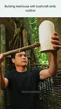 Building treehouse with bushcraft skills in the forest