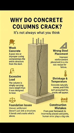 Cracks in concrete columns are not always due to poor material. They can be caused by weak concrete mix, wrong steel placement, excessive load, shrinkage, or even small construction errors. Learn how to prevent structural damage and build with perfection! #CivilWisdom #CivilEngineering #ConstructionTips #ConcreteCracks #StructuralDesign #SiteKnowledge #EngineerLife #BuildingSafety #CivilLearning #RCC #CivilSite #StructuralEngineering | Civil Wisdom