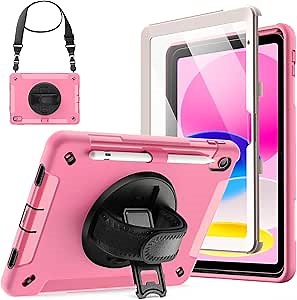 JETech Case for iPad (A16) 11th/10th Generation (2025/2022) with Built-in Screen Protector, Protective Shockproof Rugged Tablet Cover, 360 Degree Rotating Hand Strap Stand (Pink)
