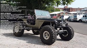 The newest turn key Jeep CJ. We always have to get a walk around video to show the new builds off. CHASSIS Chassis: JC Jeep Chassis for CJ/YJ POWERTRAIN Engine: Ram Jet 350 Radiator/Fans: Griffin 27.5" x 15.5" Radiator Exhaust: WOD S/S, Flowmaster Transmission Make: TH400 Transmission Shifter: Winters Shifter Fuel Containment: Custom Fuel Cell BODY/INTERIOR Skid Plate/Material: 3/8 Thick Aluminum Steering Column/Wheel: Factory Seats/Harnesses: Corbeau Seats/PRP 2" Harnesses Safety - Fire Extingu