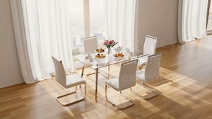 Glass Dining Table Set for 4,Rectangle Dinner Table with 4 Grey Leather Kitchen Chairs,51 in Kitchen Room Dining Set,0.31” Tempered Glass Table Top with Silver Metal Legs,4 Dining Chairs Set