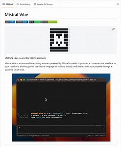 Mistral Vibe: @MistralAI 官方开源的 CLI AI Coding Agent直接对标 Claude Code 和 OpenAI Codex，但 Mistral Vibe 有几个差异：· 模型绑定：默认使用 Mistral 自家模型 Devstral 等，但架构上通过 vibe/core/llm/ 做了 LLM 提供商抽象，理论上可接入其他 API（虽然 cc 也可以非官方实现）· 完全开源：Apache 2.0，Claude Code 是闭源产品，Codex CLI 虽开源但生态绑定 OpenAI· 轻量哲学：官方描述为 "Minimal CLI coding agent"，代码量控制在一个紧凑的 Python 包内关键设计决策· Agent Loop 是核心：agent_loop.py（42KB）承担了消息编排、工具调用调度、流式响应处理的全部逻辑，是整个项目的大脑· 双循环架构：除了 CLI 主循环，还有独立的 acp_agent_loop.py（33KB）用于 Agent Client Protocol，使 Vibe 可以嵌入 IDE（如 Zed）作为后端