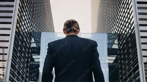 Man businessman boss walking near his office center in a dark business suit, Experienced CEO entrepreneur in modern office district