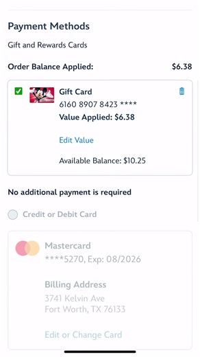 Can now save Disney gift cards as a payment option, but it can't be used for Lightning Lanes just