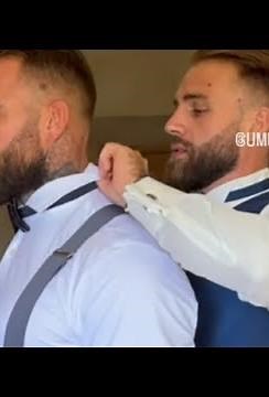Two handsome muscular hairy male models with tattoos. Great haircut, great great gay groom's suit(1)