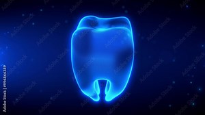 A high-tech 3D animation of a human tooth being scanned with glowing blue lines and particles rotating motion view, lasts 20 seconds seamless loop for medical and sci-fi applications