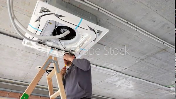 Professional hvac technician standing on a ladder and using a screwdriver to install a new cassette type air conditioning unit on a concrete ceiling during a building construction phase