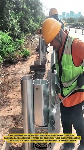 Installing Guardrail Posts using Alignment Tool to Ensure Stable Road Safety Barrier