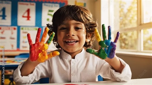 A young boy with colorful handprints on his hands sitting at a table in a classroom during a fun video art session
