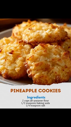 Soft, chewy, and bursting with tropical flavor – these Pineapple Cookies with coconut are the sweetest bite of sunshine! 🍍🥥🍪 #TropicalTreats #PineappleCookies #HomemadeGoodness #IslandFlavors #BakingJoy Pineapple Cookies Recipe Ingredients: 2 cups all-purpose flour 1/2 tsp baking soda 1/4 tsp salt 1/2 cup unsalted butter, softened 1 cup granulated sugar 1 large egg 1 tsp vanilla extract 1 cup crushed pineapple, drained 1/2 cup shredded coconut Directions: Preheat oven to 350°F (175°C); line b