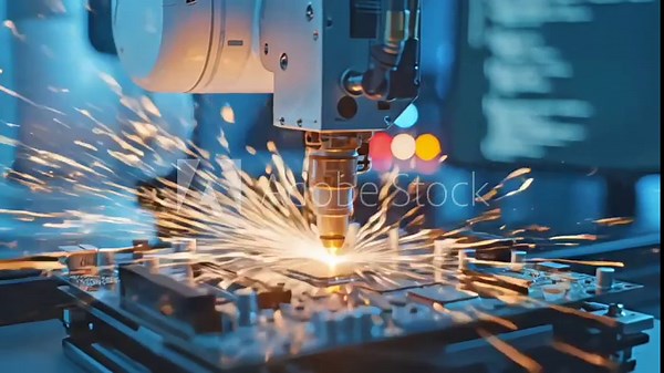 Automated Robotic Arm with Laser Processing a PCB Circuit Board in a High-Tech Factory