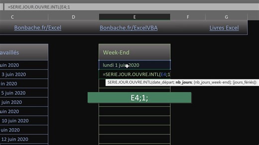 Grande suite de dimanches et de lundis avec Excel 📚 Le Livre Excel l'Intégrale : https://www.bonbache.fr/livres-excel-pdf.php#excel-int Grâce à la fonction Excel Serie.Jour.ouvre.intl, nous parvenons à ne conserver que certains jours de la semaine dans l'énumération des dates. Pour cela, dans son troisième argument, nous codons en binaire sur les 7 jours, ceux à conserver et ceux à exclure. | Formations Excel, Access et bien d'autres