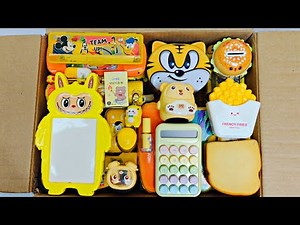 Unboxing yellow stationery, toys & gadgets - burger piggy bank, big sharpener, ball pen, big eraser