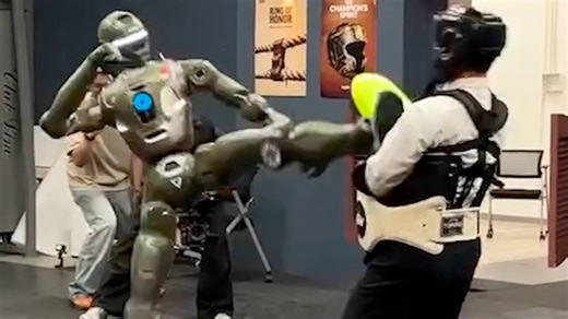 Video | Robot raakt baas van bedrijf in buik in geënsceneerd gevecht