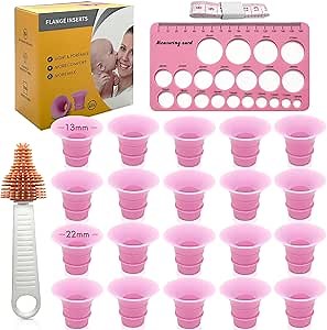 Flange Sizing Kit with 20PCS 13/22mm Flange Inserts for 24mm Breast Pump, Silicone Flange Size Kit 3 in 1 Include Nipple Ruler, Cleaning Brush, Pumping Breastfeeding Essentials