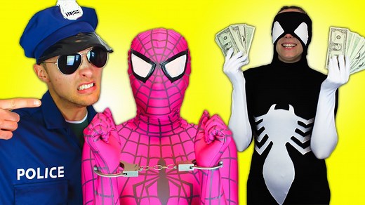Spiderman & Pink Spidergirl vs Girl Venom! Spidergirl Arrested & Jailed! Superhero Fun in Real Life