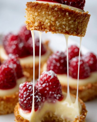 🫐 Mini Cheesecake Tartlets with Fresh Raspberries 💕 Buttery tart shells filled with silky cheesecake cream, crowned with vibrant raspberries — a bite-sized dessert that feels both elegant and comforting. Ingredients Tart Shells 1 ½ cups graham cracker crumbs 🍪 5 tbsp melted butter 🧈 2 tbsp sugar Cheesecake Filling 8 oz (225 g) cream cheese, softened 🧀 ½ cup sour cream ¼ cup sugar 1 tsp vanilla extract 1 egg Topping 1 cup fresh raspberries 🫐 2 tbsp raspberry jam (slightly warmed for glaze)