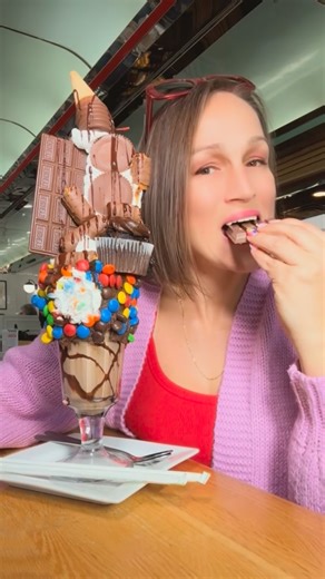 Rob shoots Dana & Piper on Instagram: "Introducing the Chocoholic Extreme Shake, only at @ecdiner!! If you’re a chocolate 🍫 lover, trust me, this is definitely your shake as there’s a little bit of everything where chocolate is concerned. It’s a chocolate shake, in an M&M and KitKat lined glass, topped with two pieces of chocolate cake, a Hershey chocolate bar, Twix bars, Reese‘s peanut butter cups, a chocolate iced cupcake, chocolate dipped mini ice cream cone, topped off with a cherry and ple