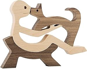 Animal Decor Wooden Statue Man and Cat Figurines Decor Carved Wood Decorative Sculpture