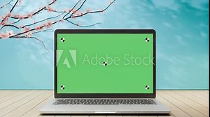 green screen laptop close-up animation, spring time composition, blue background, sakura branch, 4k