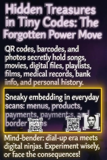Hidden Treasures in Tiny Codes: The Forgotten Power Move! 🤯 Ever think that boring QR code on your coffee cup might secretly hold an entire song, movie, or your whole digital life? Back in the late dial-up days (think screeching modems and endless loading), this embedding trick was 🔥 super popular—people hid everything in codes, pics, and strips like digital ninjas! 🥷🏻 \t•\t🎵 Music, Audio, Videos & More? Yes, Embed It All! You can stuff full audio files, movies, videos—literally any digital