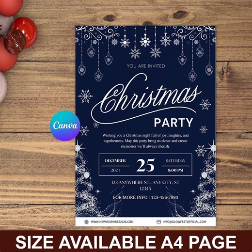 Christmas Party Invitation Flyer Template | Elegant Holiday Invite | Navy Blue Winter Christmac Invitation | Instant Download | Digital - Etsy