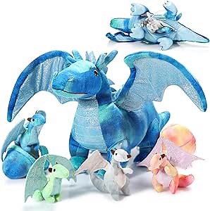 Deekin 7 Pcs Dragon Toy Set 16 Inch Large Dragon Stuffed Animal with 4 Baby Plush and 2 Eggs in Mommy's Belly Dinosaur Plushies Gifts for Boys Girls Birthday Christmas(Bright Style)