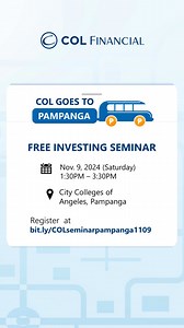 30 reactions · 11 shares | COL goes to Pampanga! Join us as we hold a FREE stock market investing seminar on Nov. 9 (Sat), and discover how to grow your money through smart investing strategies.  4/F Multi Purpose Hall, City Colleges of Angeles, Pampanga  November 9, 2024 (Sat) ⏰ 1:30 PM to 3:30 PM Seats are limited! Register for FREE today at bit.ly/COLseminarpampanga1109 #COLFinancial #howtoinvest | COL Financial Group, Inc. | Facebook