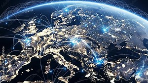 Glowing digital map of Earth at night with connected communication lines showing futuristic global network