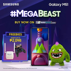 19 shares | Achievement Unlocked: The #MEGABEAST has arrived. Get your Beast Mode on with the #GalaxyM51 plus FREE Globe At Home Prepaid Wifi Broadband and iPega Wireless Game Controller when you order from September 25–28 2020 on MemoXpress. Available exclusively online for only P19,990!  Buy Now: spr.ly/GalaxyM51-FB4 | Samsung | Facebook
