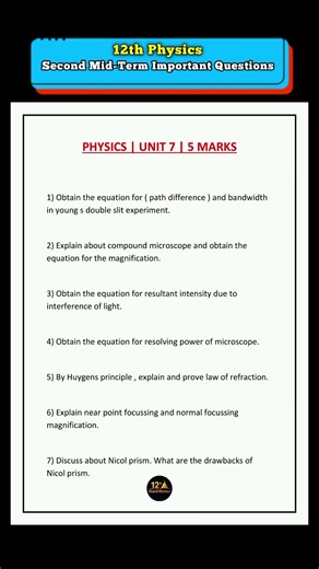 ⚡ 12th Physics 2nd Midterm Important Questions 💯 | Units 7 • 8 • 9