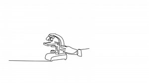Animated self drawing of continuous line draw of female scientist researching antibiotic formula using microscope to find covid vaccine. Coronavirus medical research. Full length single line animation
