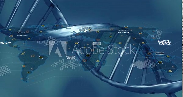 DNA helix rotating and starting map reveal data nodes emerging and linking regions showing networks