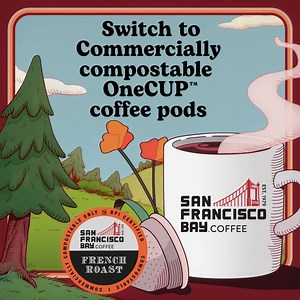 Help reduce plastic landfill waste. Switch to San Francisco Bay Coffee’s commercially compostable OneCUP™ coffee pods. #OneSmallSip for a Better Tomorrow. OneCUP™ coffee pods can help reduce plastic waste in landfills when commercially composted. Commercial composting is available in limited areas and may not be available near you. To find a composter, visit findacomposter.com | San Francisco Bay Coffee