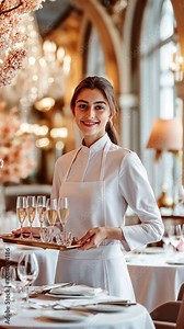 Elegant waiter serving champagne glasses in upscale restaurant setting.