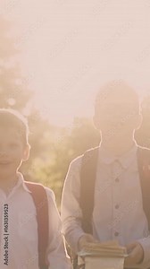 smiling boys in shirts happy of school year end throw books and give five in park slow at back sunlight motion