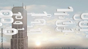 Numbers Flying Over Metropolitan City. Smart City. Technology Related 3D Animation.