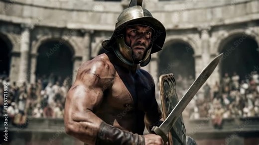 Muscular Roman gladiator holding a sword and shield in a crowded coliseum. Intense ancient warrior in combat stance ready to fight. Historical battle and strength concept
