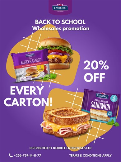 Stock Up & Save Big for the Back-to-School Rush! 🎒 Get your inventory ready for the new term with our exclusive wholesale offer. For a limited time, get 20% OFF every carton of Emborg Sandwich Slices and Burger Slices. Ensure your shelves (and your customers’ lunchboxes) are packed with the best quality cheese slices. ✅ 20% OFF per carton✅ Perfect for school canteens, cafes, and retail stocking ✅ Premium Emborg quality #Emborg #BackToSchool2026 #wholesaledealerinkampala #CheeseSlices #SchoolLun