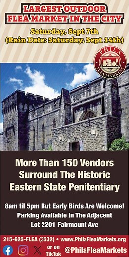 Philly Flea Market! Largest outdoor market in the city! Come down and see us on SAT., SEPT. 7th (Rain date Sept. 14th) at the Eastern State Penitentiary. Vintage & Antique Flea Market. Vintage Fashion & Furniture. Glassware, Collectible Toys & More! 8am to 5pm ET. Early Birds Welcome! 2201 Fairmount Ave. Philadelphia, PA. www.PhilaFleaMarkets.org Or call at 215-625-3532 #thingstodoinphilly #phillyfleamarket #easternstatepenitentiary #fleamarketstyle #vintagefashion #localfun #phillyfun #philadel