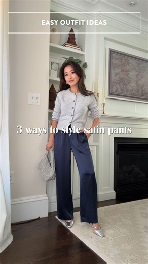 Jean | Extra Petite Blog on Instagram: "Look 1, 2 or 3? Comment “Outfit details” to get everything sent to your dms. Pants are on super sale today for $30 (!) and fully stocked even in petites. Satin pants in general have been amazing for looking sophisticated without being overdressed. And no comfort is sacrificed thanks to the pull-on stretch waist. I love how easily they pairs with casual sweaters and tops - the last one is so soft you can sleep in it! And if you’ve been looking for petite-fr