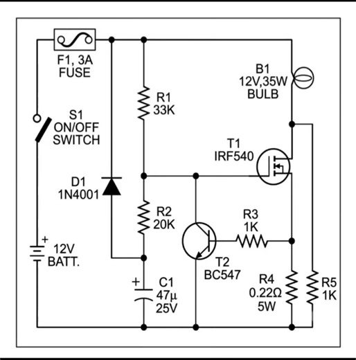 Simple 12V DC Electronic Overload Protection Circuit using IRF540 and BC547Electronics #Circuit