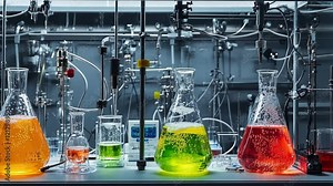 Colorful chemical reactions bubbling in erlenmeyer flasks within a modern laboratory, highlighting advanced equipment and the excitement of scientific discovery